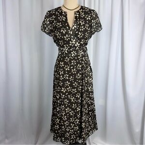 Talbots Vintage Pure Silk Midi Dress Sz 6 Brown Tan Faux Wrap Bow Detail EUC